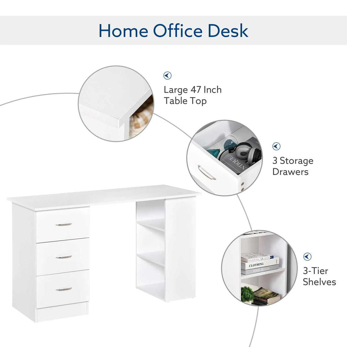 Scrivania HOMCOM 47 con libreria, moderna, per home office, tavolo da scrittura e postazione di lavoro con 3 cassetti e ripiano contenitore - bianca