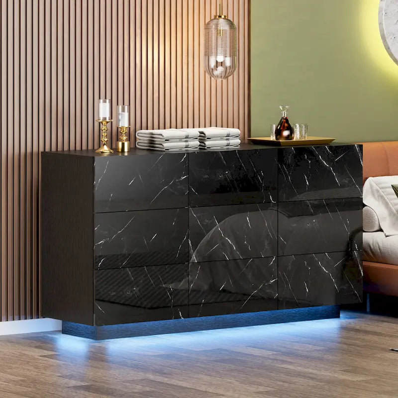 Meuble de rangement et commode à 9 tiroirs, armoire colonne organisatrice pour chambre avec éclairage