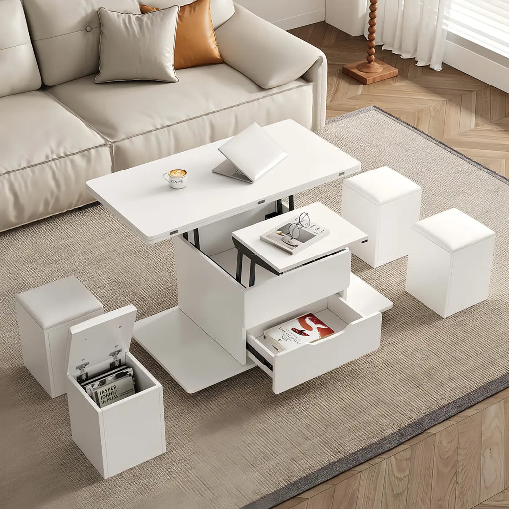 Klappbarer Couchtisch mit Hubfunktion, 4 Hockern und Stauraum