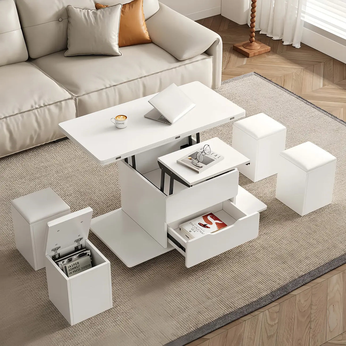 Klappbarer Couchtisch mit Hubfunktion, 4 Hockern und Stauraum