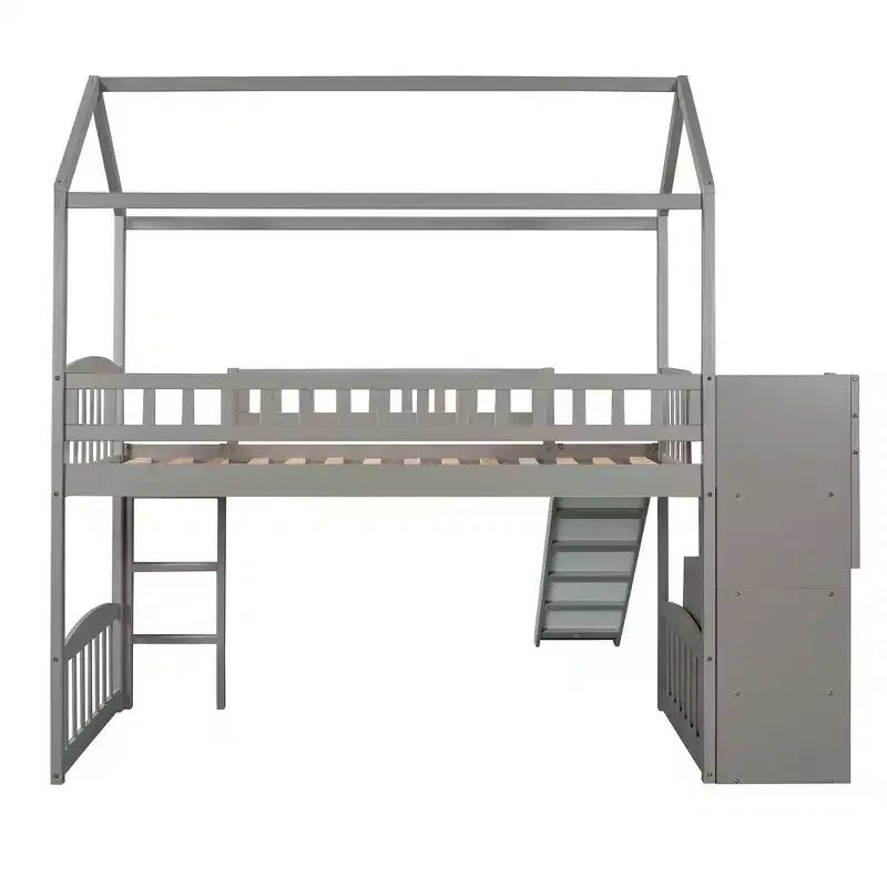 Twin House Loft Bed with Slide and Stairs, Loft Bed with Storage Drawers, Wood Cabin Loft Bed for Kids Toddlers