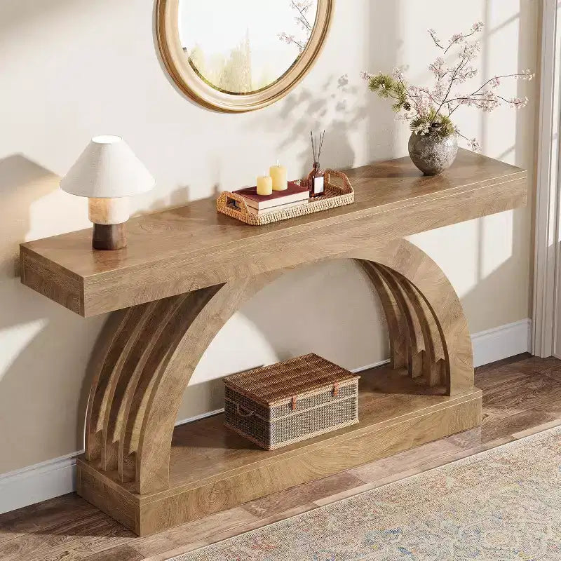 Mesa de entrada Lantine de 63 pulgadas, mesa de sofá de 2 niveles detrás del sofá, consola estrecha de estilo rústico con arco único para pasillo, sala de estar, recibidor, natural