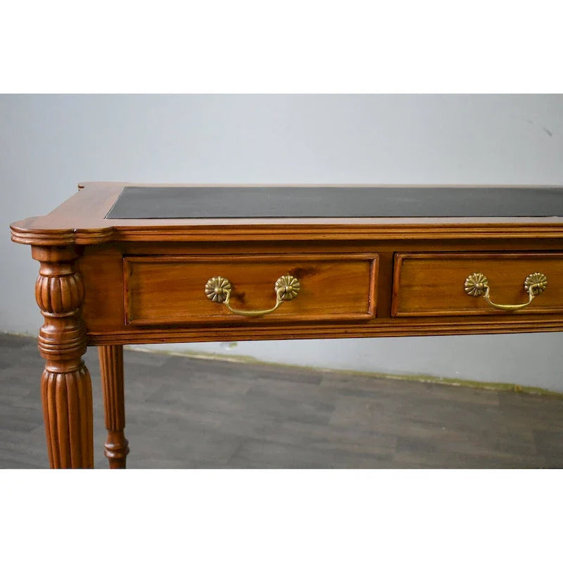 Dark Brown / Light Brown Victorian-Style Solid Mahogany Desk with Black Leather Top and 3 Drawers – Single Unit