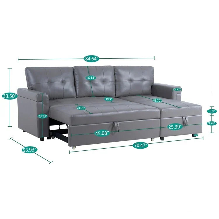 Divano componibile reversibile trasformabile con letto estraibile, chaise longue con contenitore nascosto e gambe resistenti
