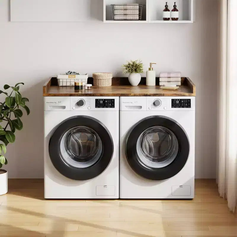 Aanrechtblad voor wasmachine en droger, wasruimteblad met opstaande rand en antislipmat voor opbergruimte voor wasmanden en organisatie van de wasruimte