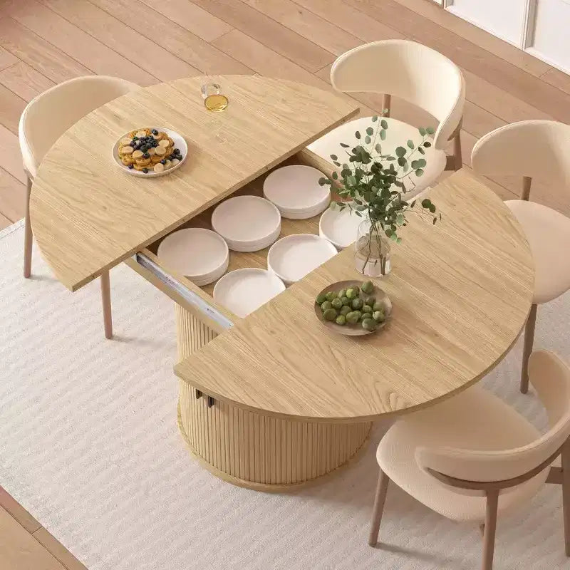 Dyonery 63 Extendable Round Kitchen Dining Room Table with 2-Tier Storage Shelf, with Pedestal Base, Wood Oval Circle Dinner Furniture, Walnut