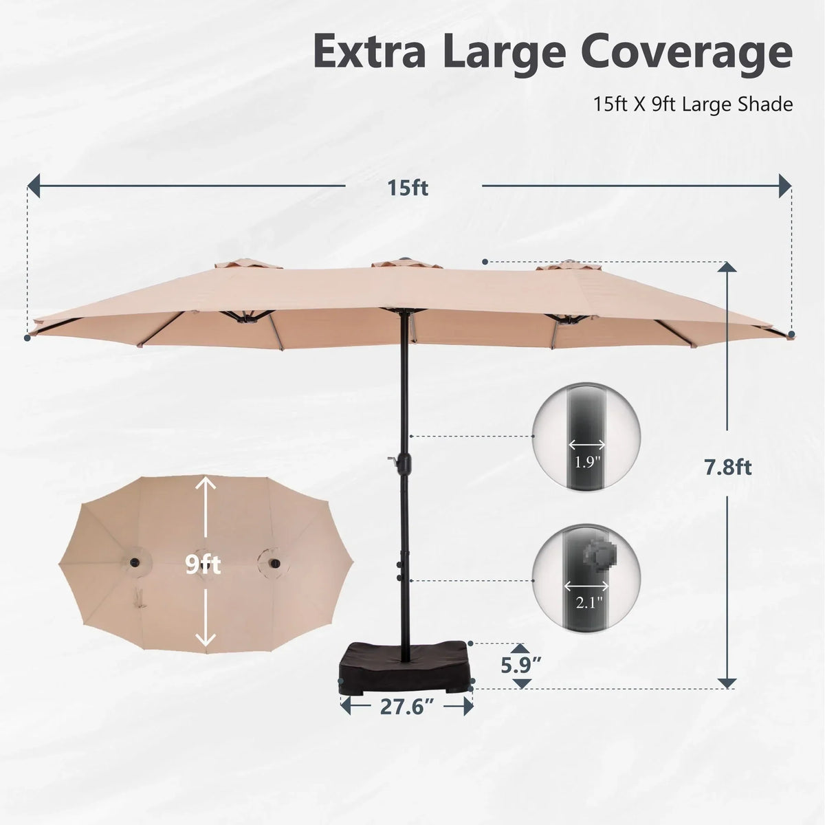 MAISON ARTS dubbele parasol voor terras, 15 ft, extra groot, tweepersoons, inclusief voet