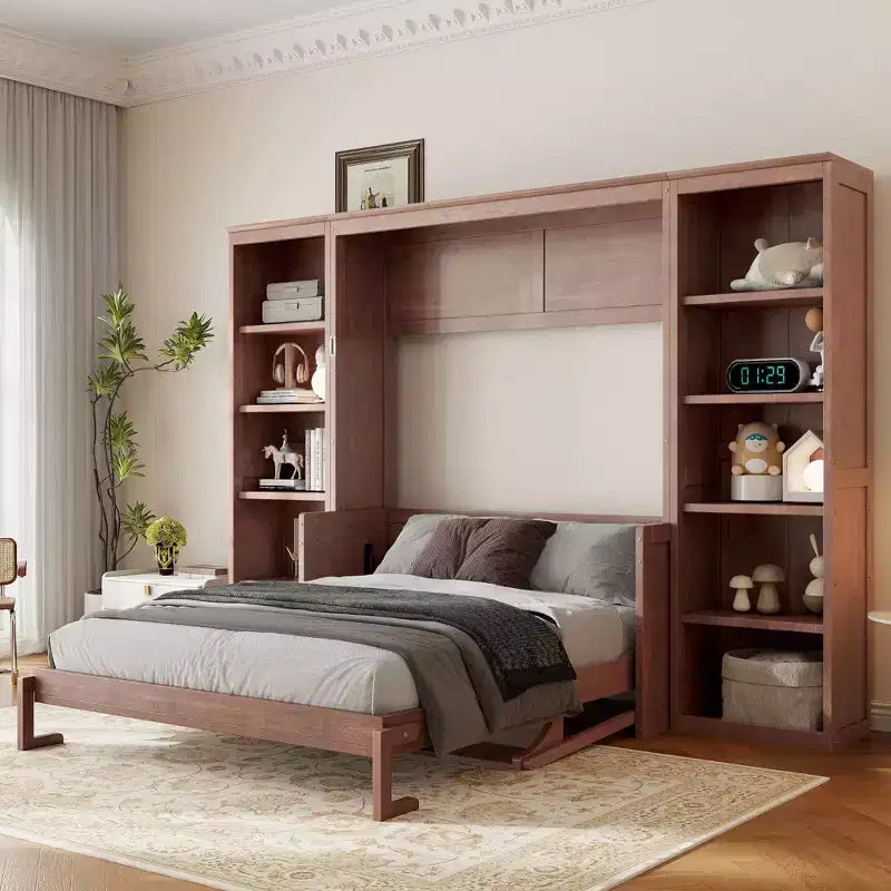 Letto a scomparsa Murphy matrimoniale/queen salvaspazio con scrivania e libreria, marrone scuro - ModernLuxe