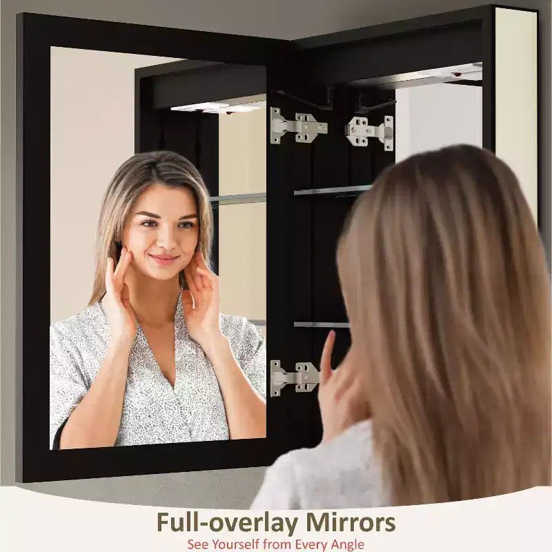 Bathroom Medicine Cabinet with LED Mirror, Surface or Recessed Mount, Dimmable Light, Anti-Fog, Adjustable Shelving