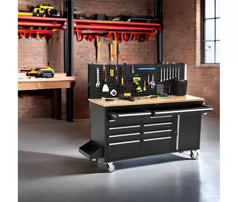 61-Inch 10-Drawer Rolling Tool Chest & Garage Workbench with Power Strip, Solid Rubber Wood Top, 1675 LBS Load Heavy Duty Mobile Workstation Cabinet