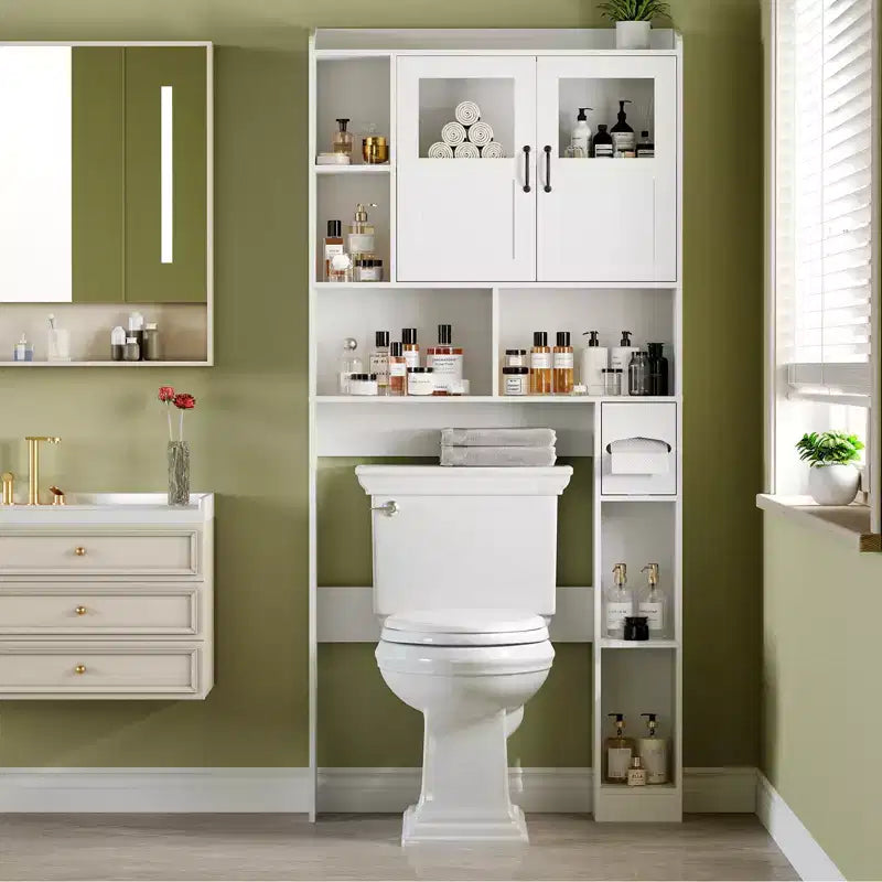 WC fölé szerelhető tárolószekrény – 171,2 cm magas, vidéki stílusú fürdőszobai rendszerező és tároló állítható polccal és üvegajtóval fürdőszobába, mosókonyhába