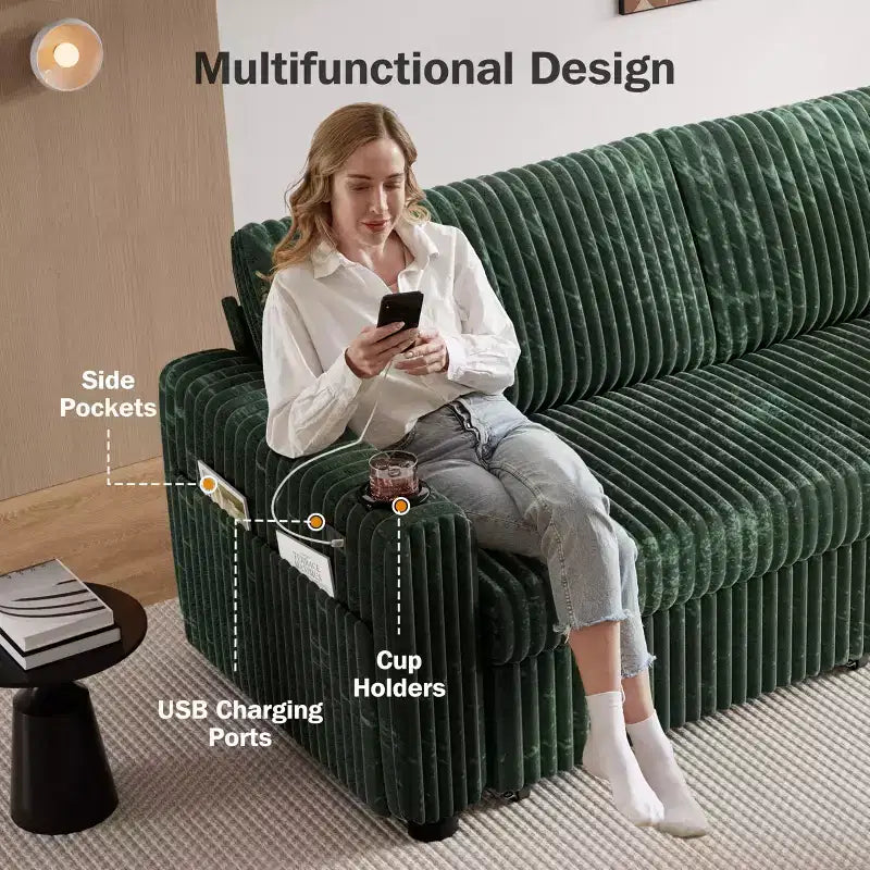 Dyonery 91-delige slaapbank met chaise longue en uitschuifbaar bed, verstelbare rugleuning/twee uitschuifbare bedden/USB-poorten/bekerhouders, zacht corduroy