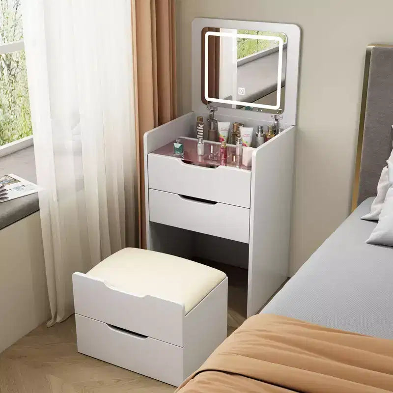 Okak 3-in-1-kaptafel met opklapbare spiegel, compacte kaptafel met zichtbaar glazen blad en gewatteerde kruk, kaptafelbureau voor de slaapkamer