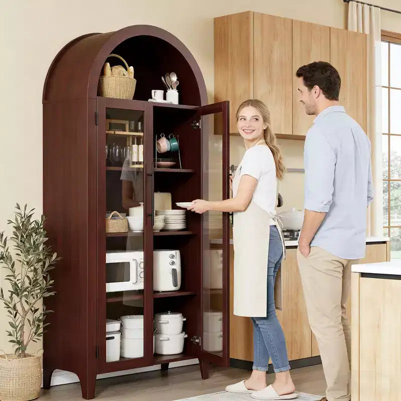 Mobiletto contenitore alto ad arco con ante in vetro, libreria espositiva a 5 ripiani con mensole regolabili per cucina o soggiorno