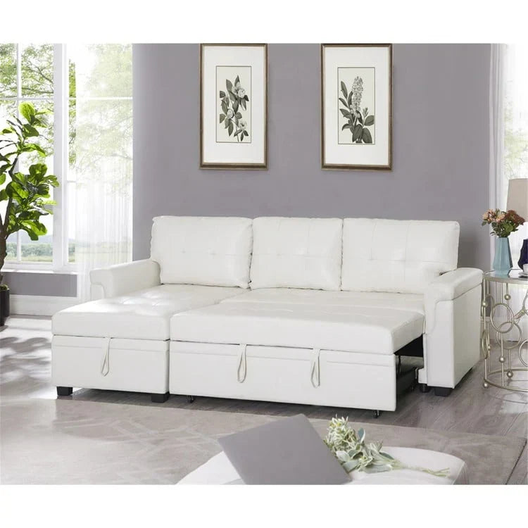 Divano componibile reversibile trasformabile con letto estraibile, chaise longue con contenitore nascosto e gambe resistenti