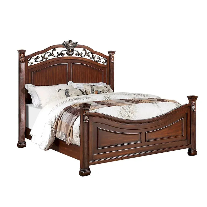 Lit en bois avec tête de lit ouvragée, coloris cerisier foncé