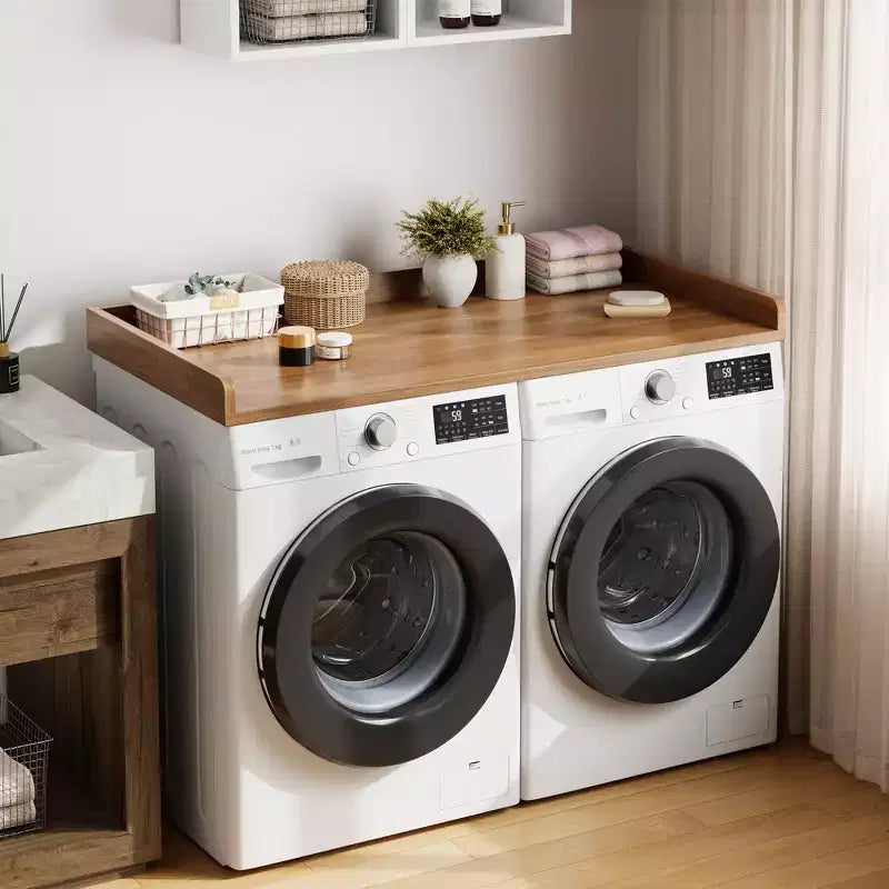 Aanrechtblad voor wasmachine en droger, wasruimteblad met opstaande rand en antislipmat voor opbergruimte voor wasmanden en organisatie van de wasruimte