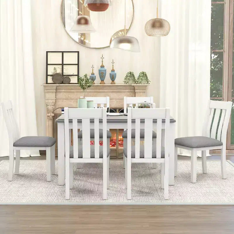 Farmhouse Extendable Dining Table Set for 6, Rectangular Table and 6 Upholstered Chairs