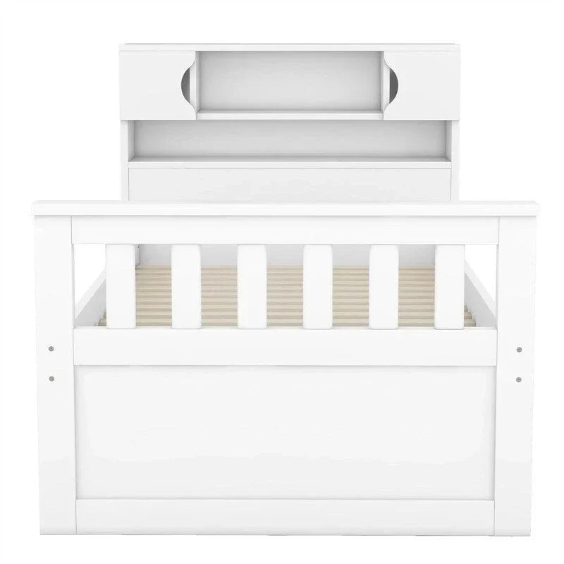 Twin/Full Size Captain Platform Bed with 4 Drawers and Storage Shelves, Solid Wood Bed Frame with Storage Bookcase Headboard