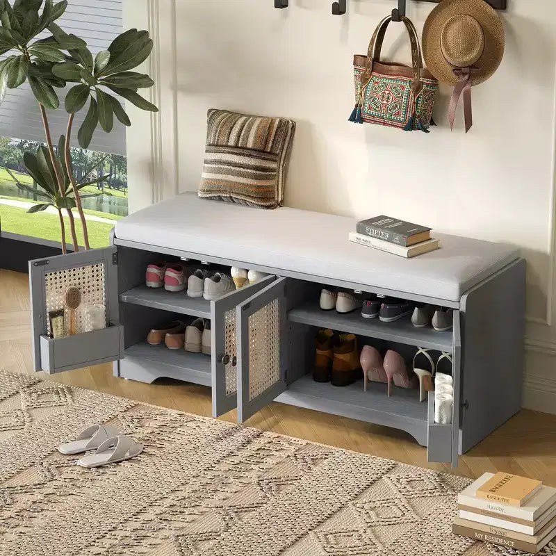 Whisen Rustic Wood Storage Bench, Entryway Shoe Bench with Removable Cushion, Adjustable Shelves