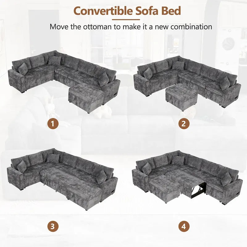 Chenille Sectional Sofa Pull-out Sofa Bed, L-Shape Sleeper Sofa with Storage Ottoman, 3 Pillows and Charging Devices