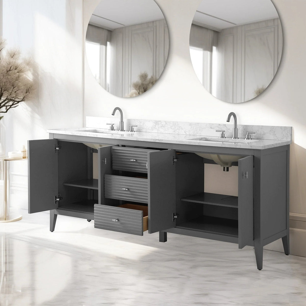 Vanity Art 72 badkamermeubel met dubbele wastafel en blad van composietmarmer
