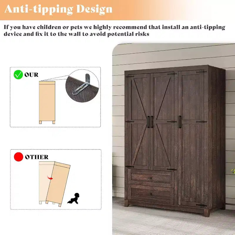 AMERLIFE 47 Farmhouse Wardrobe Armoire with 3 Doors, 2 Drawers, Hanging Rod & Adjustable Shelves, Freestanding Closet Organizer