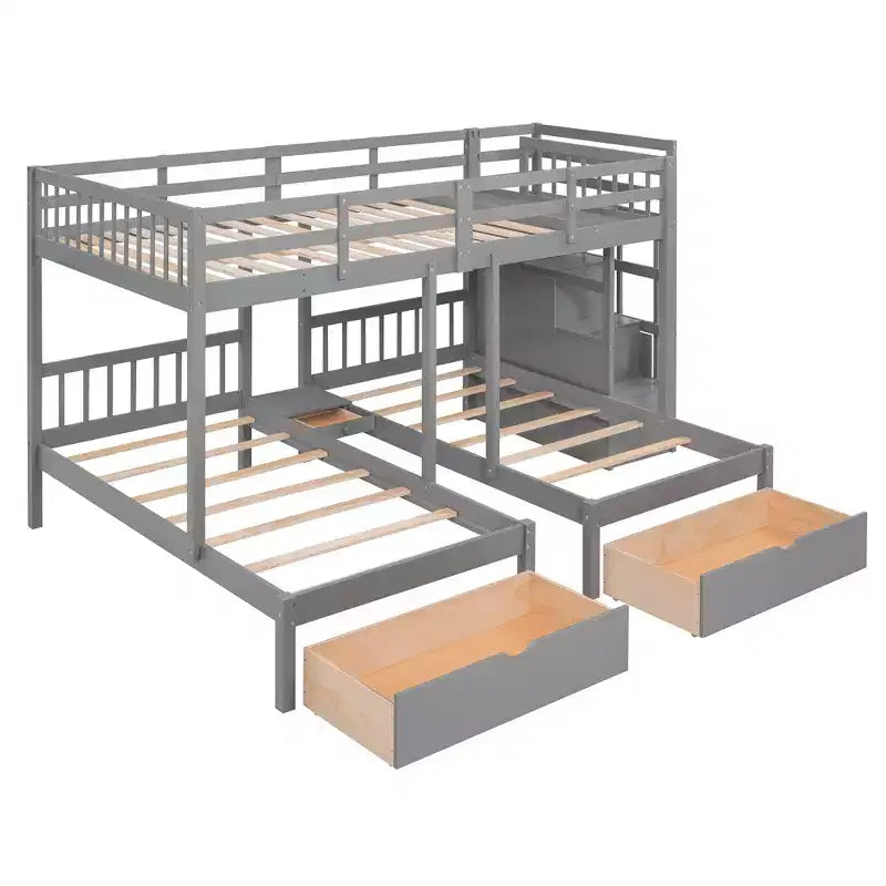 Whisen Full Over Twin & Twin Bunk Bed, Wood Triple Bunk Bed with Drawers and Guardrails