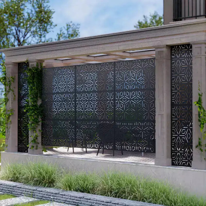 3-Panel Room Divider Screen with Geometric Pattern – Black Galvanized Steel
