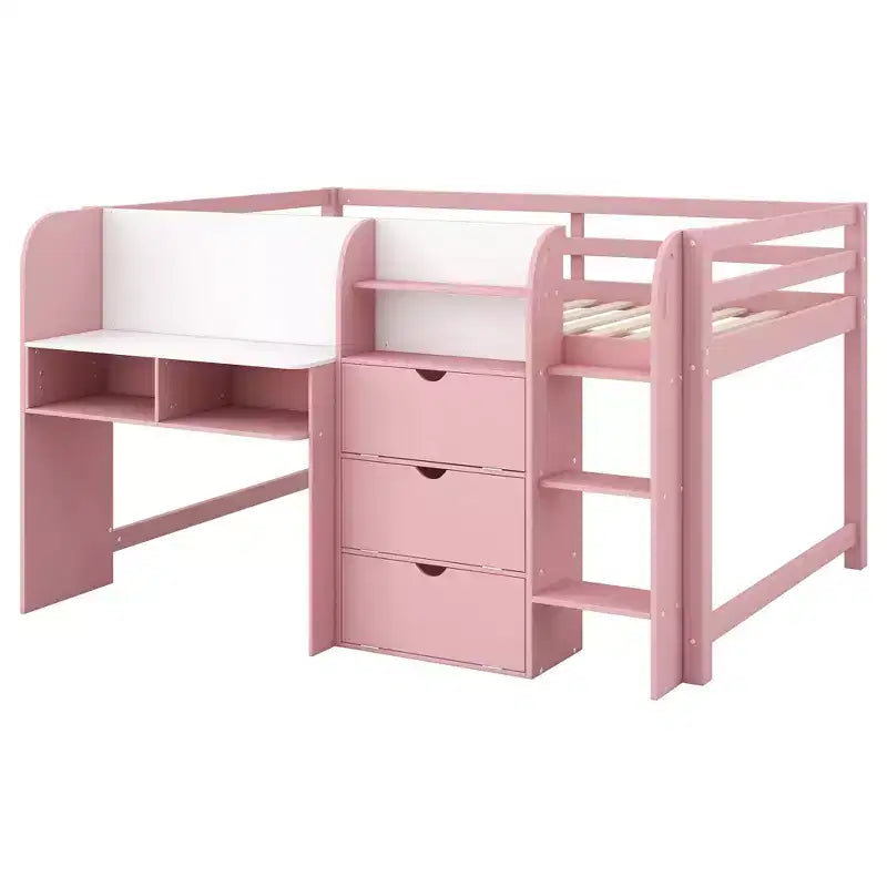 Pink/White Low Loft Bed with Desk, Storage & Whiteboard – Twin, 1-Person