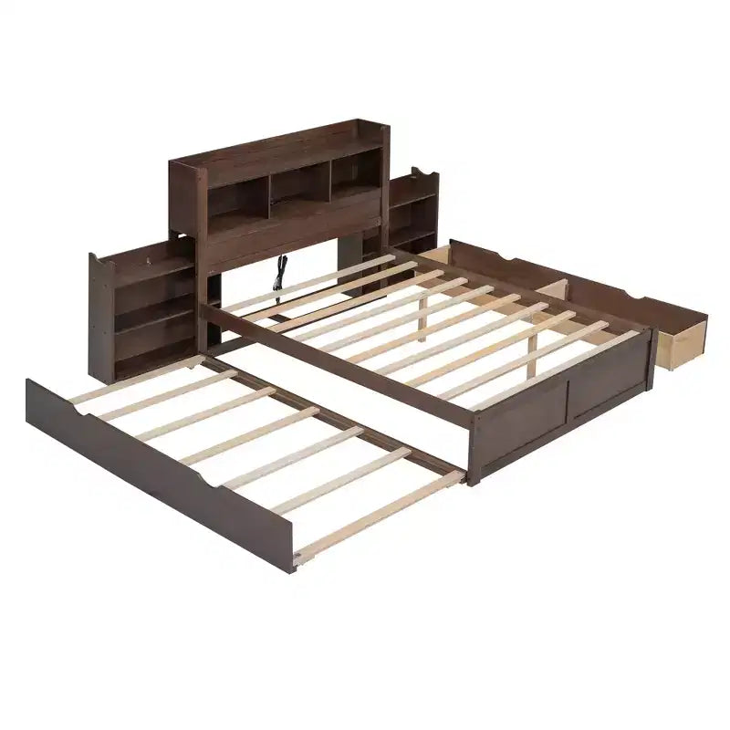 Eenpersoons platformbed met opbergruimte, uitschuifbed, boekenkasthoofdbord en oplaadstation, houten bedframe met planken en laden