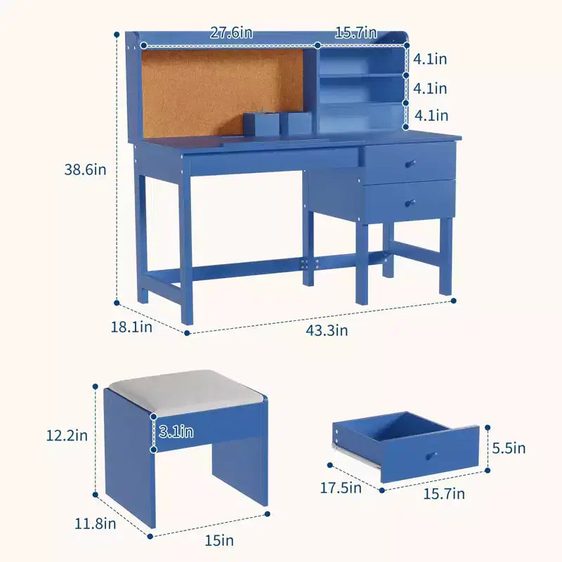 Bureau- en stoelset voor kinderen, houten studeertafel met verstelbaar gekanteld bureaublad, laden en prikbord - school- en leerbureau voor kinderen