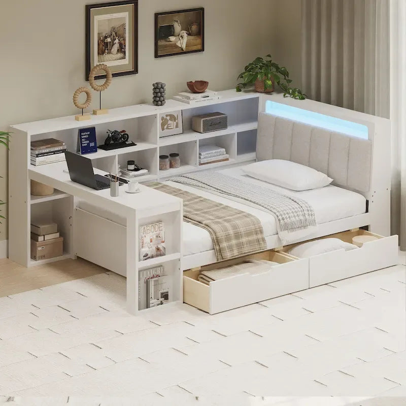 L-förmiges Holz-Sofa-Tagesbett mit Schreibtisch, Bücherregal-Schrank, Eckbett mit Schubladen unter dem Bett, gepolstertem Kopfteil und integrierter Beleuchtung