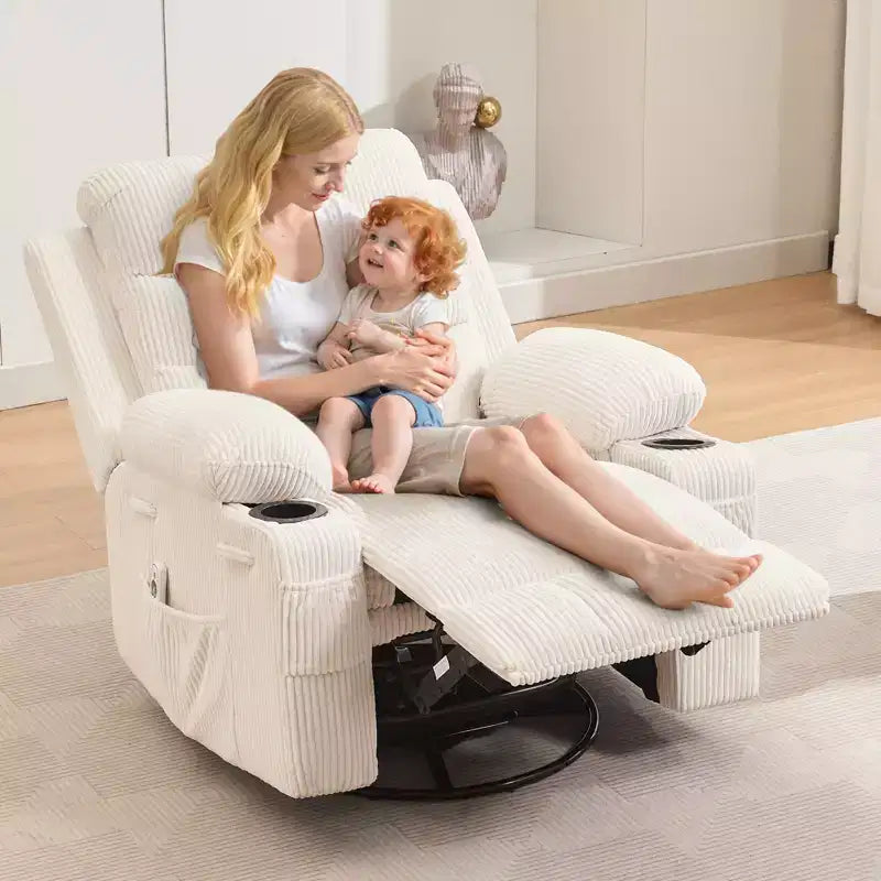 Draaibare relaxfauteuil met massage en warmte, 360°-schommelstoel met bekerhouders en zijvakken, ergonomische loungestoel voor woonkamer, camper en babykamer