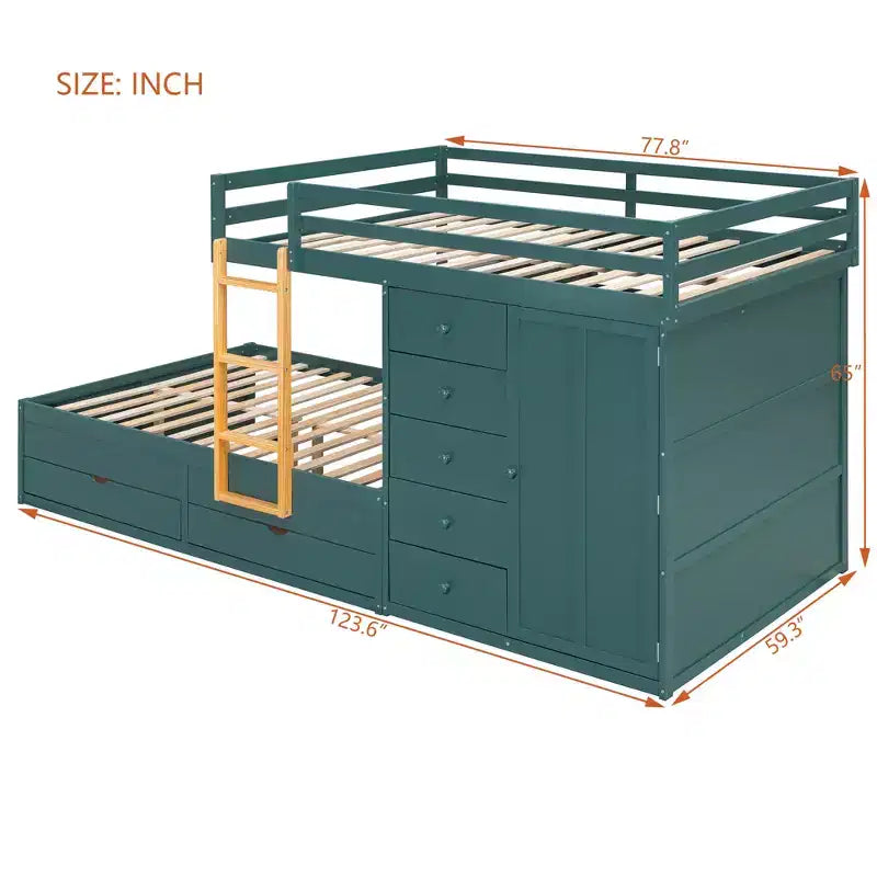 Full over Full Bunk Bed with Storage Wardrobe and Drawers, Full Size Wood Space-Saving Bunk Bed with Guardrail for Apartment, Bedroom