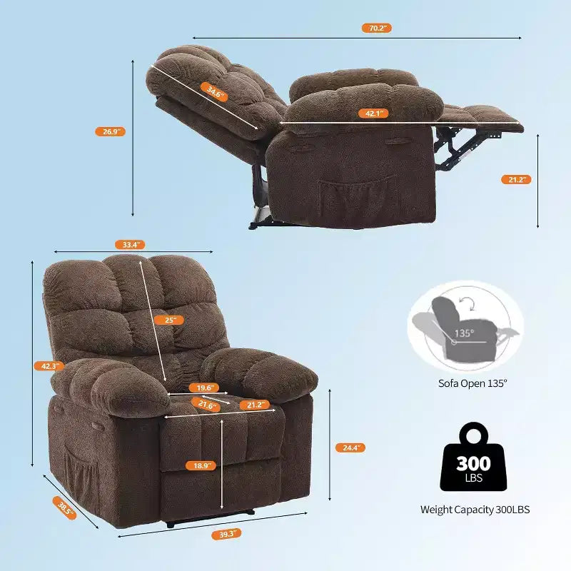 Handmatige relaxfauteuil, ergonomische ademende stoffen fauteuil met zijvakken, eenpersoonsbank, geschikt voor woonkamer en slaapkamer