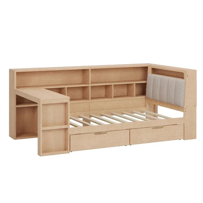 L-förmiges Holz-Sofa-Tagesbett mit Schreibtisch, Bücherregal-Schrank, Eckbett mit Schubladen unter dem Bett, gepolstertem Kopfteil und integrierter Beleuchtung