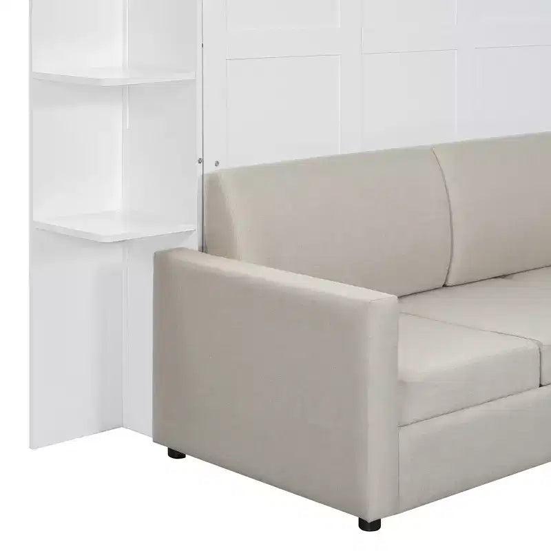 Lit escamotable mural Whisen au format queen, avec cadre en bois, canapé et étagères, au design moderne