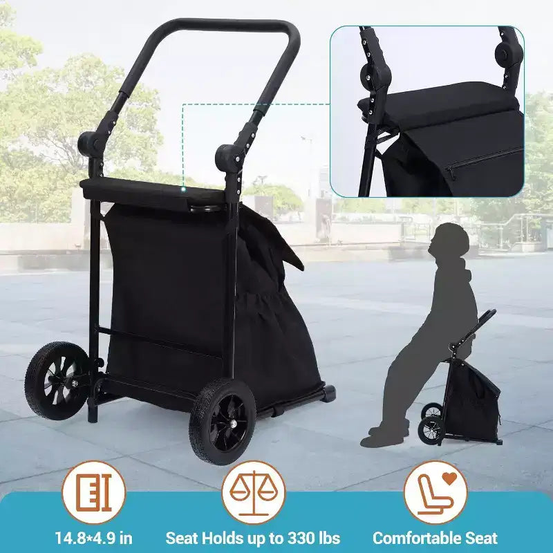 Acekool 2-in-1 Foldable Hand Truck Utility Cart with Removable Waterproof Bag, Thick Seat Cushion & Adjustable Non-Slip Handle, Black