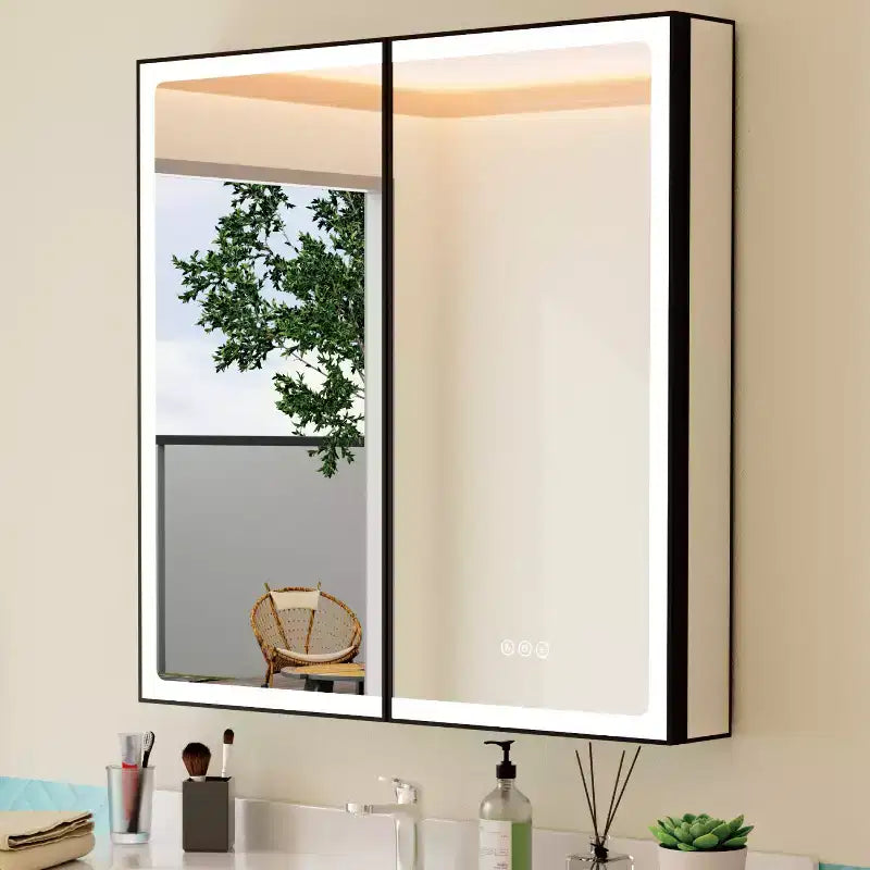 Bathroom Medicine Cabinet with LED Mirror, Surface or Recessed Mount, Dimmable Light, Anti-Fog, Adjustable Shelving