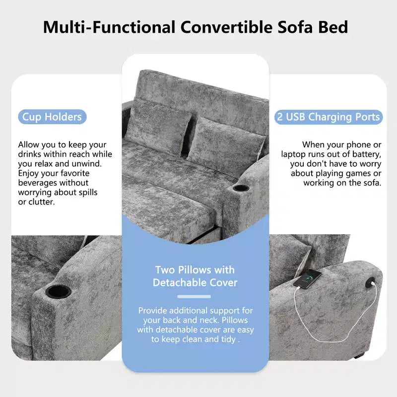 61.6 Modern Chenille Convertible Sofa Bed with USB Ports, Cup Holders & Adjustable Backrest for Living Room, Apartment