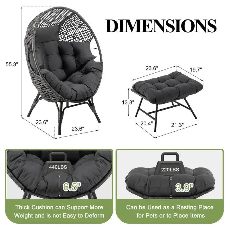 FINCATI Indoor Eggs Chair, 440 lbs Egg Chair Outdoor, Oversized Egg Chair with Ottoman, Luxury Cozy Egg Chair with Foot Rest