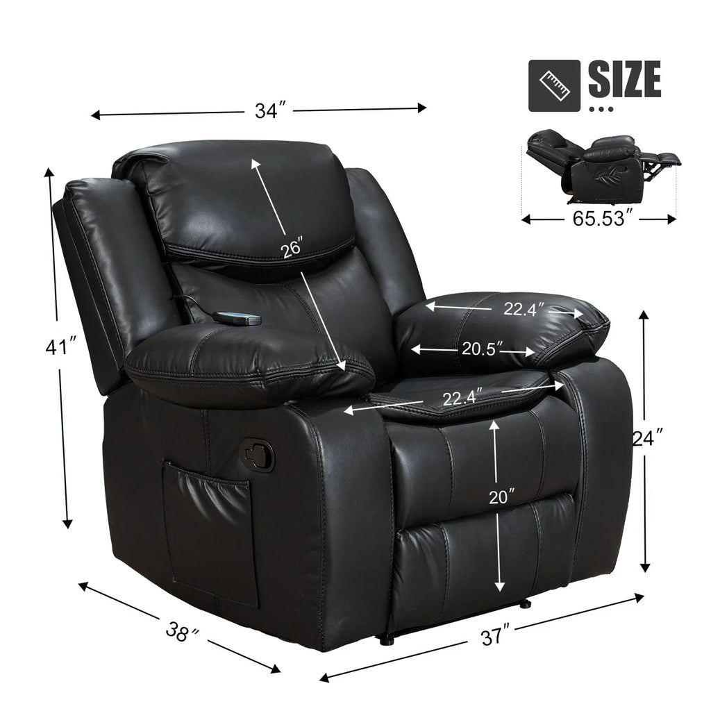 Fauteuil inclinable de massage et chauffant en cuir durable à assise large