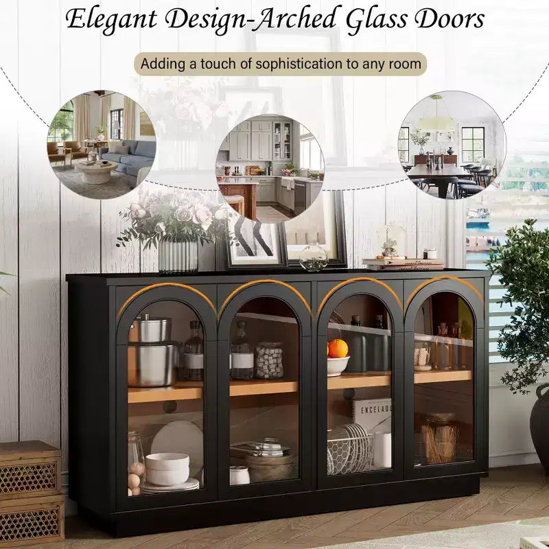 Grande buffet contenitore a 4 ante con ante in vetro, mobile ad arco con ripiani regolabili per la cucina