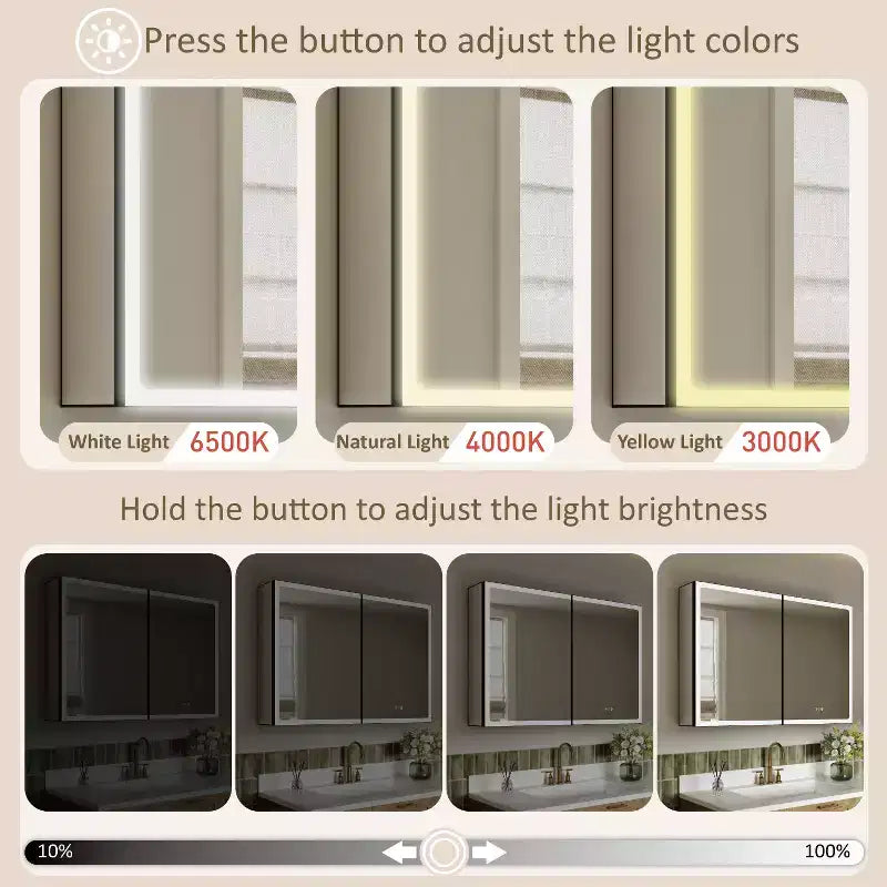 Bathroom Medicine Cabinet with LED Mirror, Surface or Recessed Mount, Dimmable Light, Anti-Fog, Adjustable Shelving