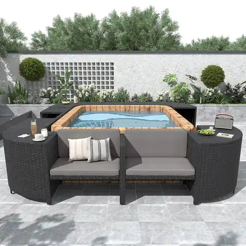 Vierkante loungeset van rotan voor buiten met spa-omlijsting en frame