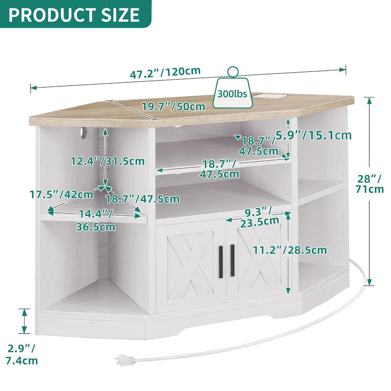Meuble TV d’angle de style maison de campagne, centre de divertissement et console multimédia pour téléviseurs jusqu’à 55 po, avec prise électrique