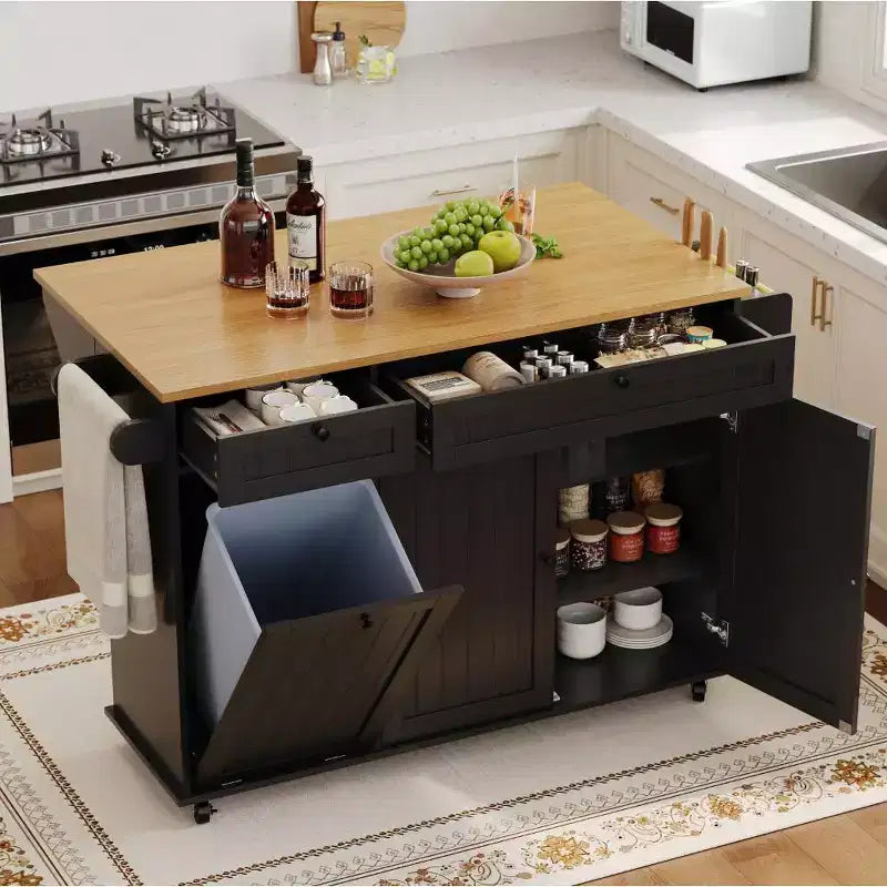 Îlot mobile de 55 pouces avec prise électrique et rallonge rabattable, desserte-îlot de cuisine roulante avec placard de rangement pour déchets