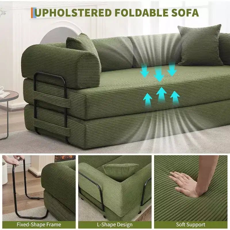 2-in-1-Schlafsofa, bequemes klappbares Cordsofa mit tiefer Sitzfläche und breiten Armlehnen, rahmenloses Sofa für Wohnzimmer und Wohnungen
