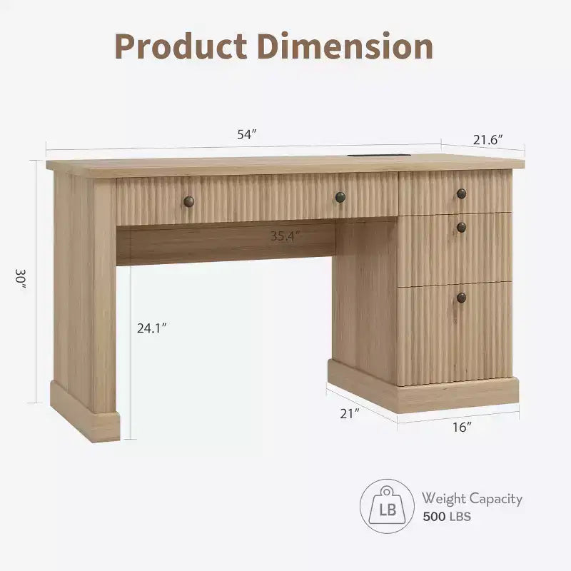 Geriffelter Stauraum-Schreibtisch fürs Homeoffice, moderner Chefschreibtisch mit 54 Zoll und Ladestation, Computertisch aus Holz mit Aktenschubladen fürs Arbeitszimmer